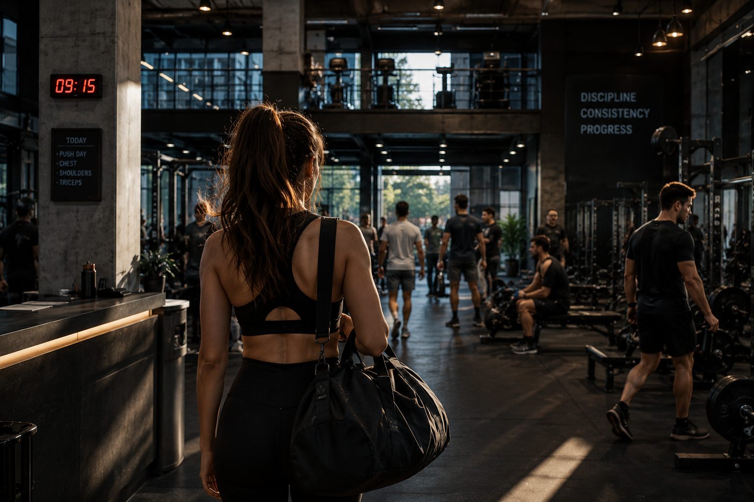 A busy gym floor with every machine in use, a wall clock reading 09:15 and a board listing today's session: push day, chest, shoulders, triceps.