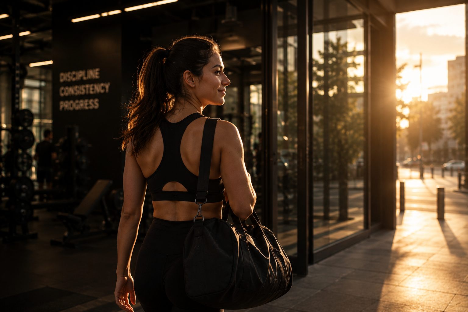 A woman walking out of her gym at sunset with a kit bag over her shoulder, the wall behind her reading discipline, consistency, progress.