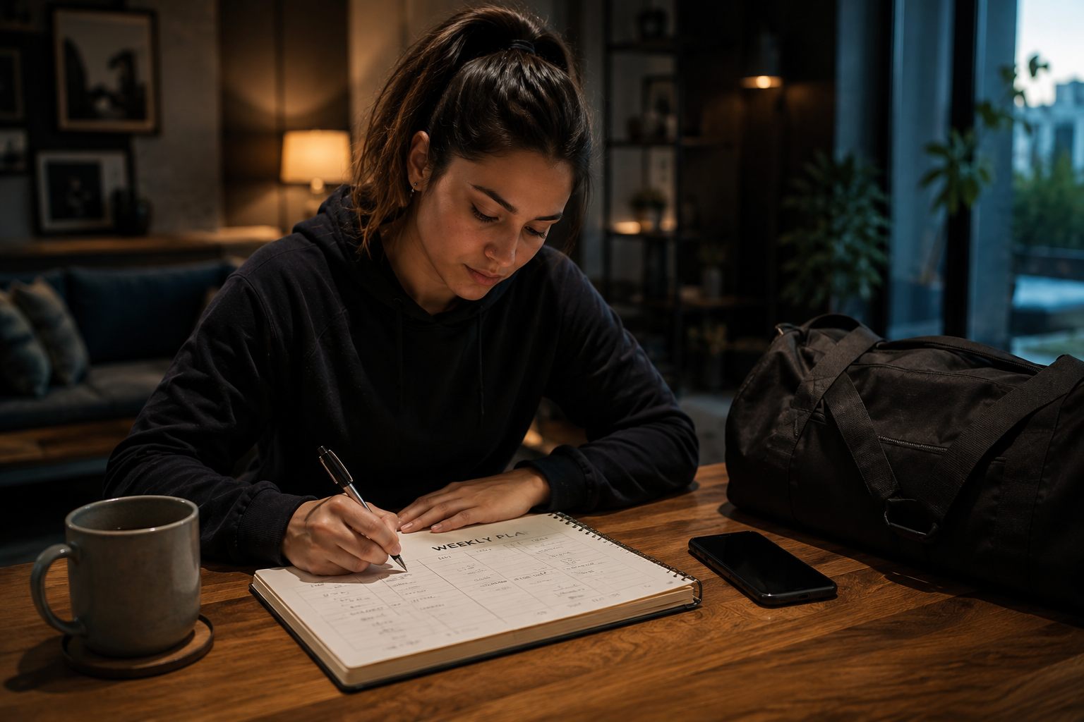 A woman at a table writing in a notebook headed Weekly Plan, her phone and gym bag beside her.