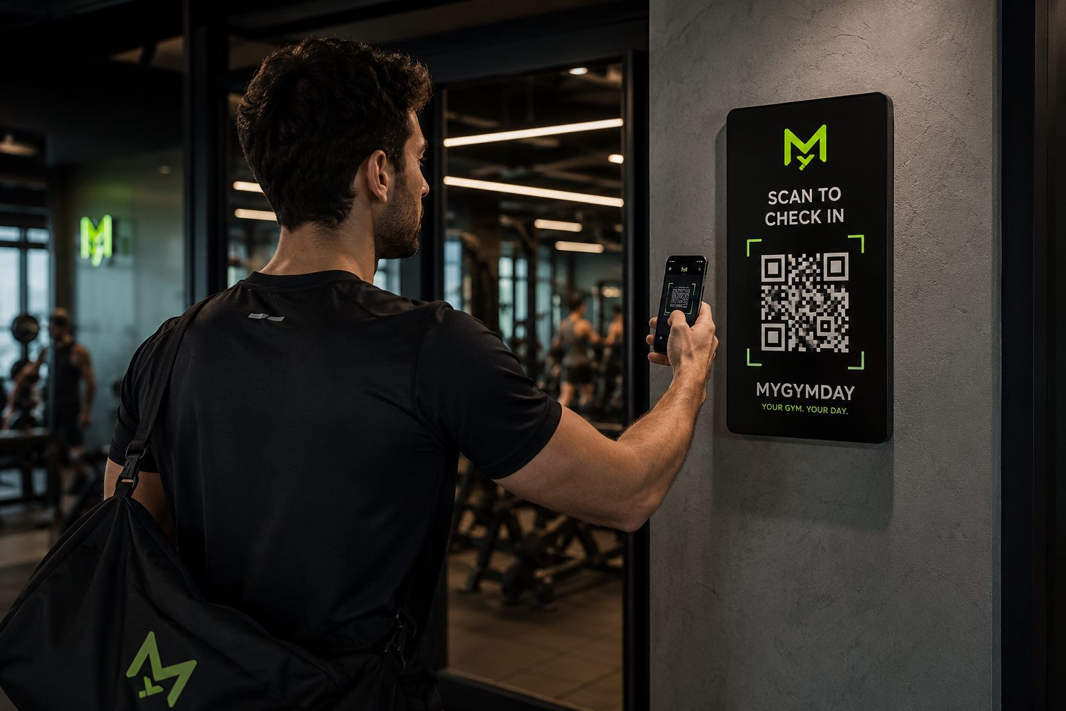 A member holding his phone up to a plaque on the gym wall that reads Scan to check in, MyGymDay, your gym your day.